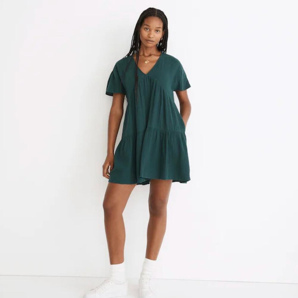 Madewell Lightspun Popover Tiered Mini Dress Green Size XS